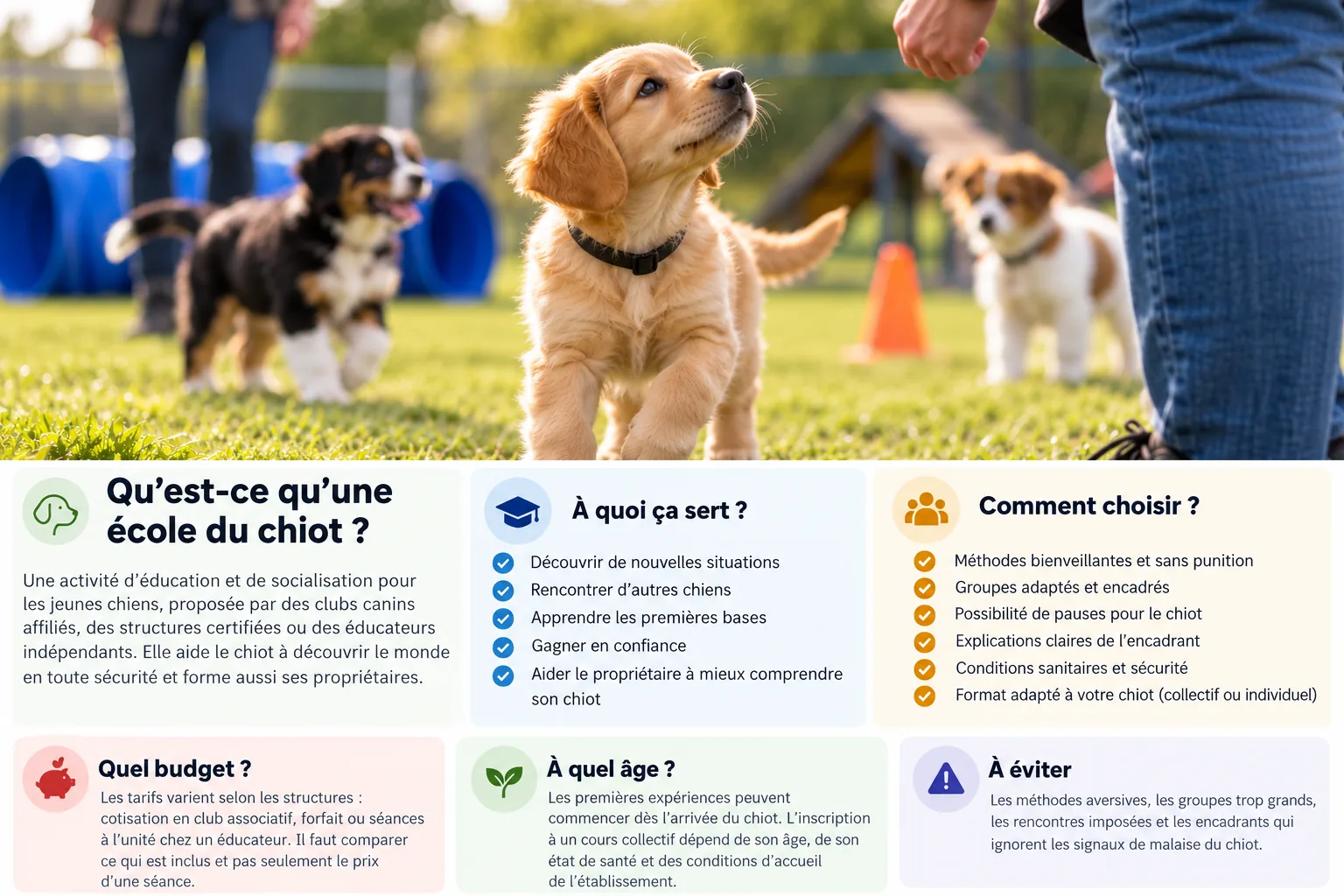 Infographie : école du chiot, définition, utilité, critères de choix, âge, budget et points de vigilance