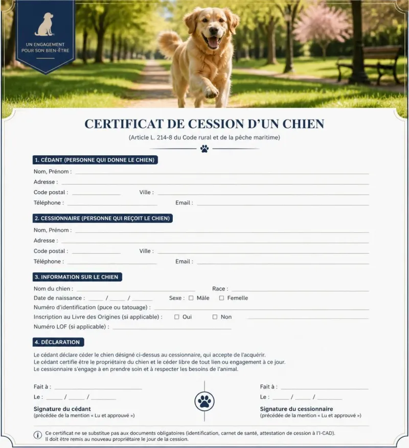 découvrez tout ce qu'il faut prévoir pour remplir correctement un certificat de cession d'un chien, avec les informations essentielles à connaître pour une transaction en toute sérénité.
