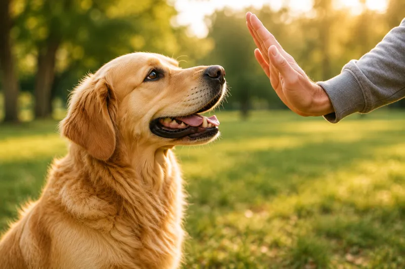 Golden retriever attentif face à la main de son humain pendant une séance d'éducation