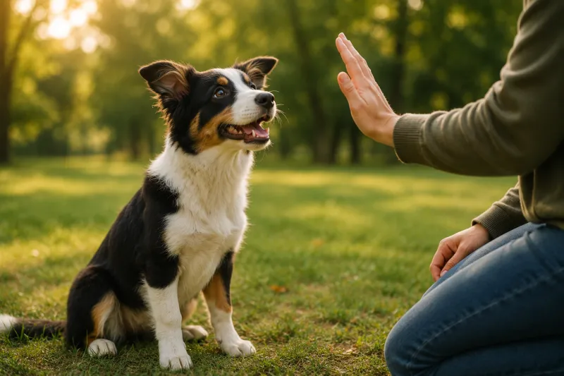 Chien attentif face à son humain pendant une séance d'éducation canine en extérieur