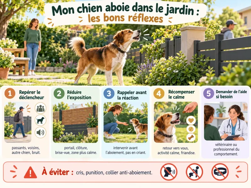 Infographie des cinq bons réflexes quand un chien aboie dans le jardin : repérer le déclencheur, réduire l’exposition, rappeler avant la réaction, récompenser le calme et demander de l’aide
