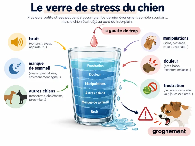 Schéma du verre de stress du chien montrant l’accumulation du bruit, du manque de sommeil, des rencontres, des manipulations, de la douleur et de la frustration jusqu’au grognement