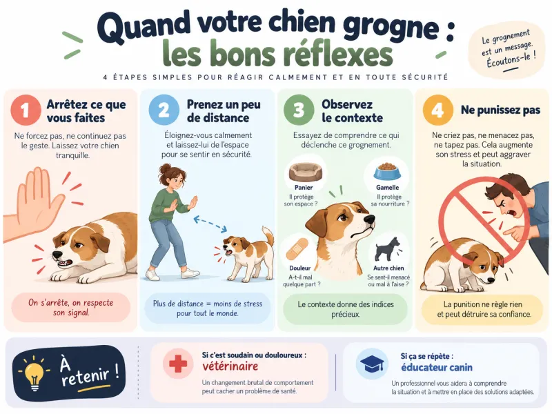 Infographie des bons réflexes quand un chien grogne : arrêter, prendre de la distance, observer le contexte et ne pas punir