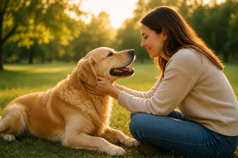 Moment de complicité entre un chien et son humaine dans la nature